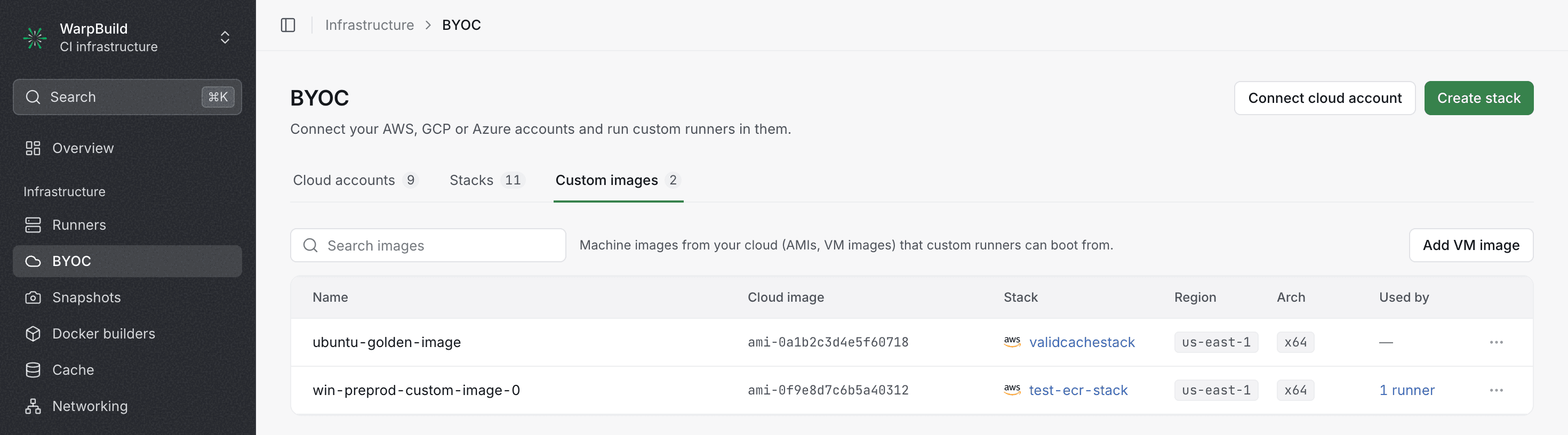 Custom images tab on the BYOC page