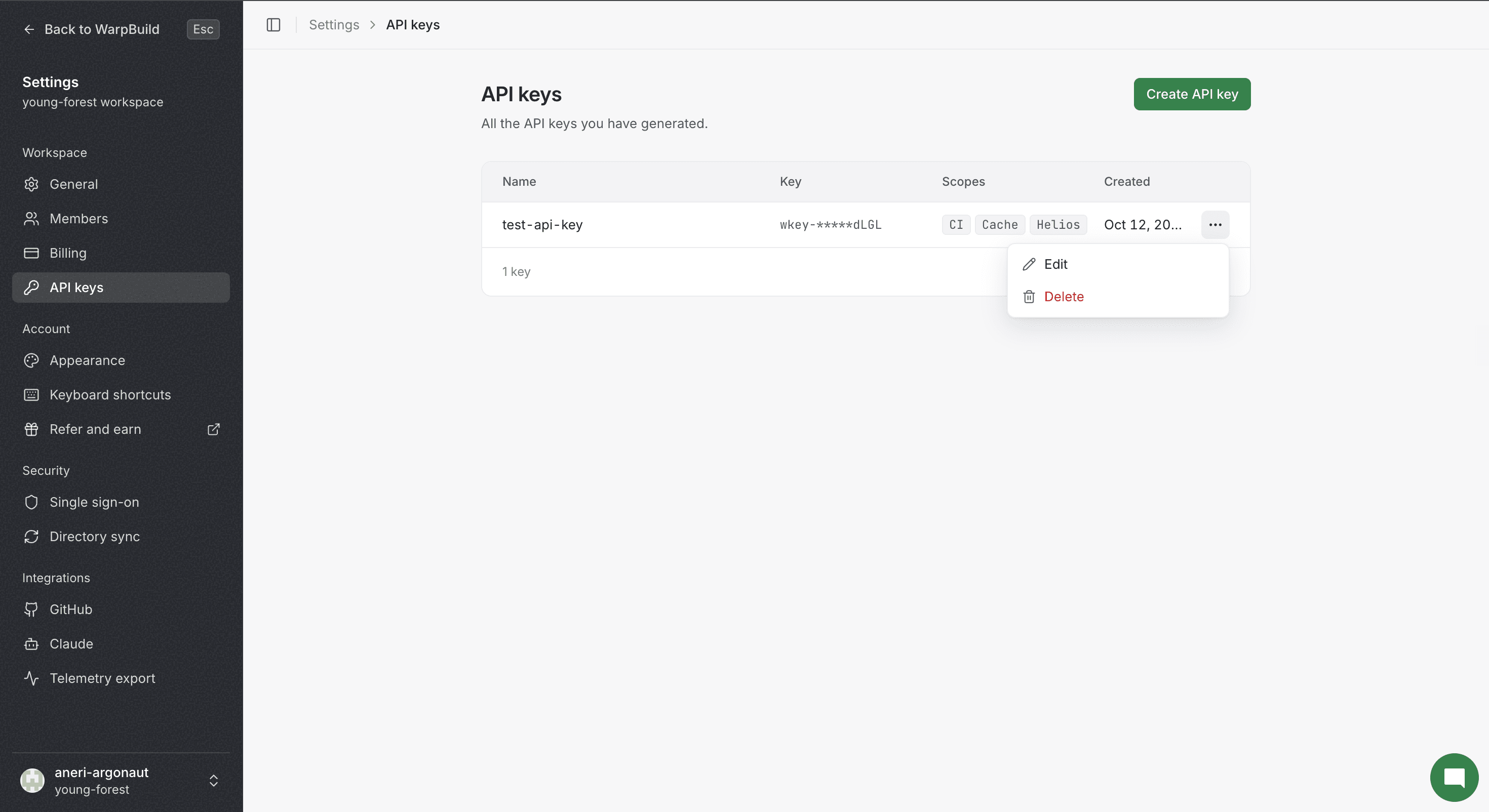 Edit option in the API key menu