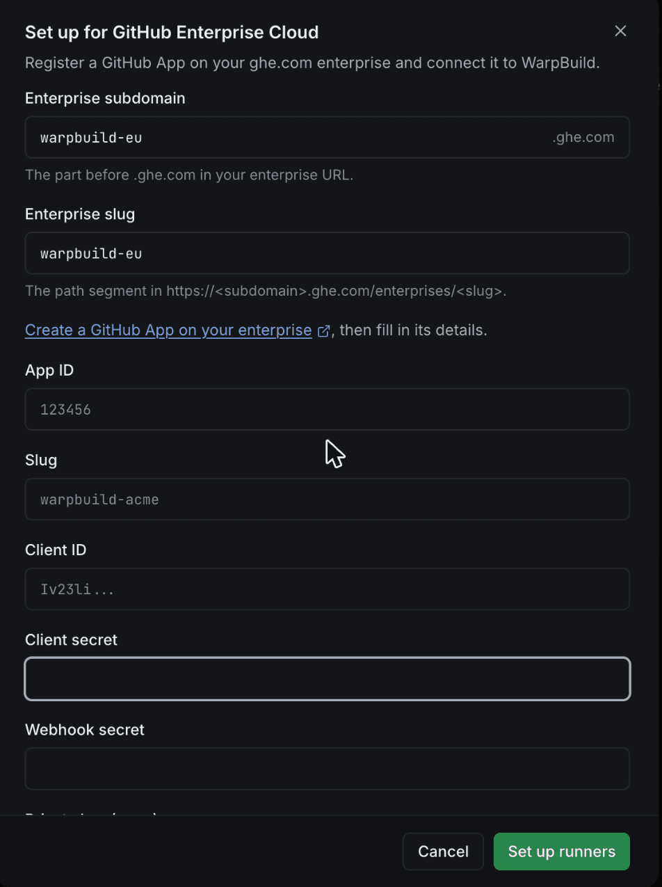 Set up for GitHub Enterprise dialog
