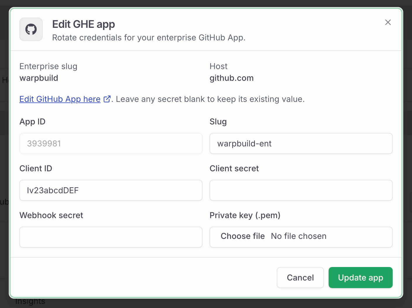 Edit GHE app dialog