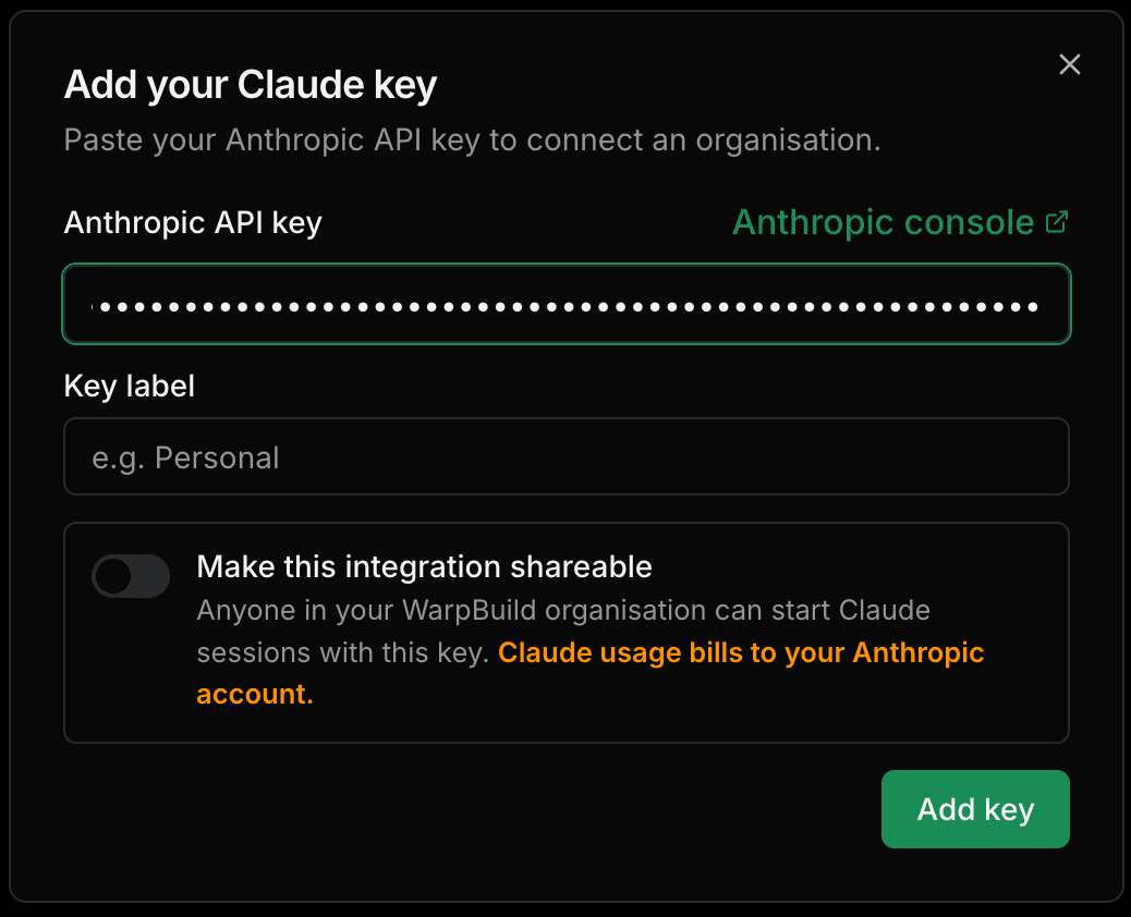 WarpBuild's Add your Claude key dialog for connecting an Anthropic organisation