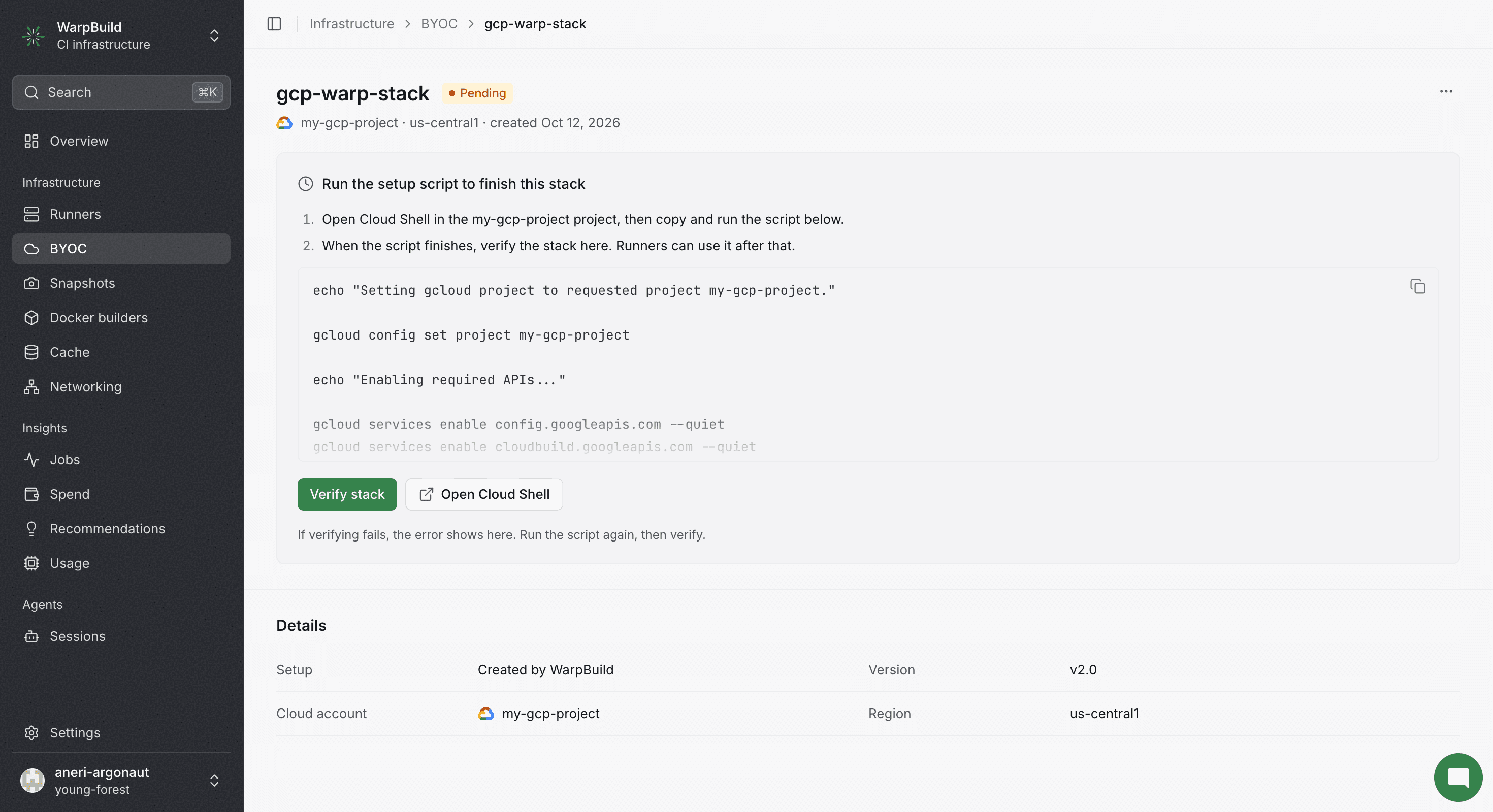 Pending stack with the setup script
