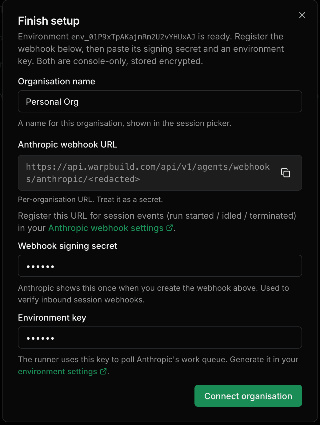 WarpBuild's Finish setup dialog: the per-organisation webhook URL, signing secret, and environment key