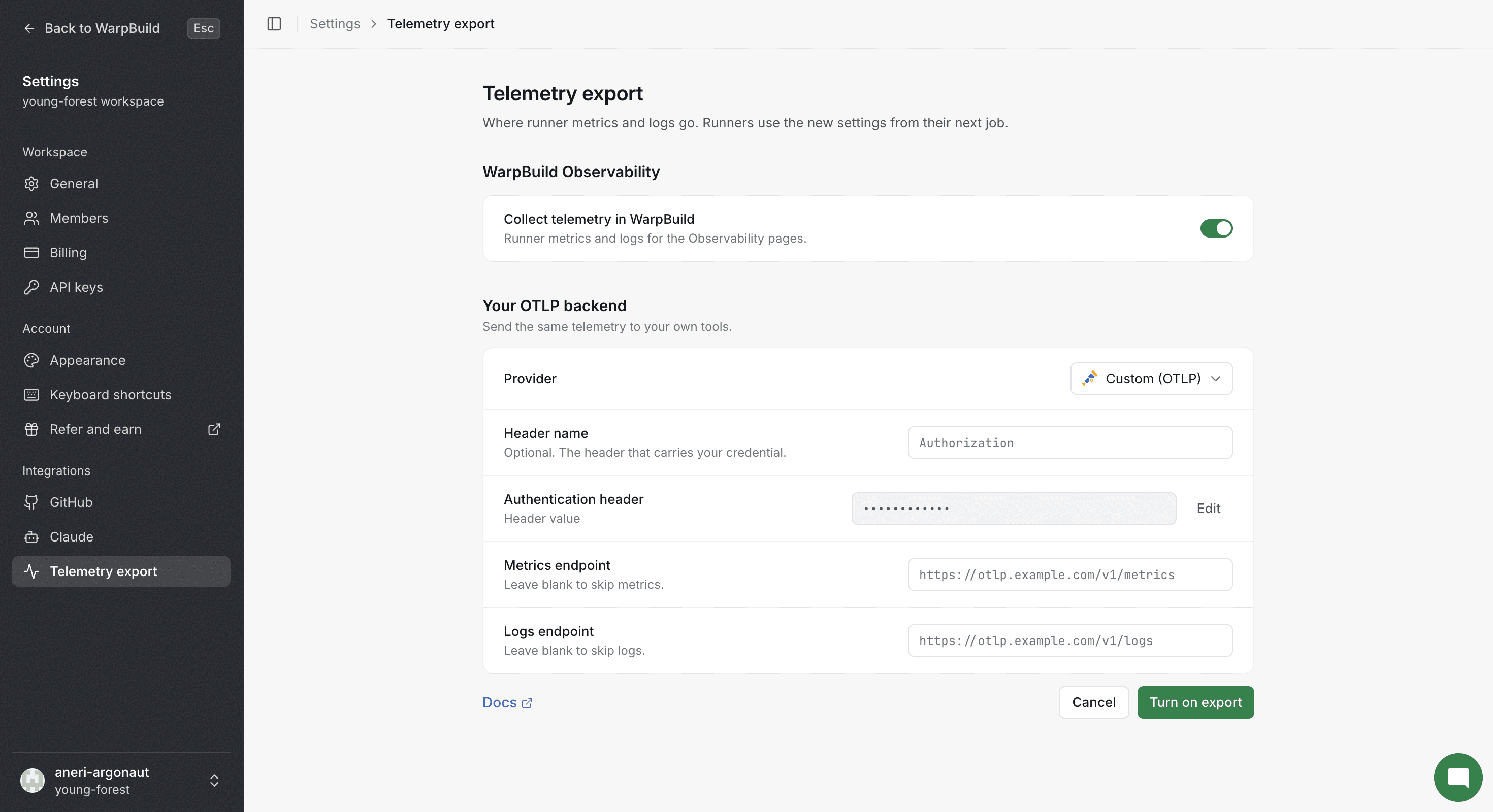 The export form after clicking Set up