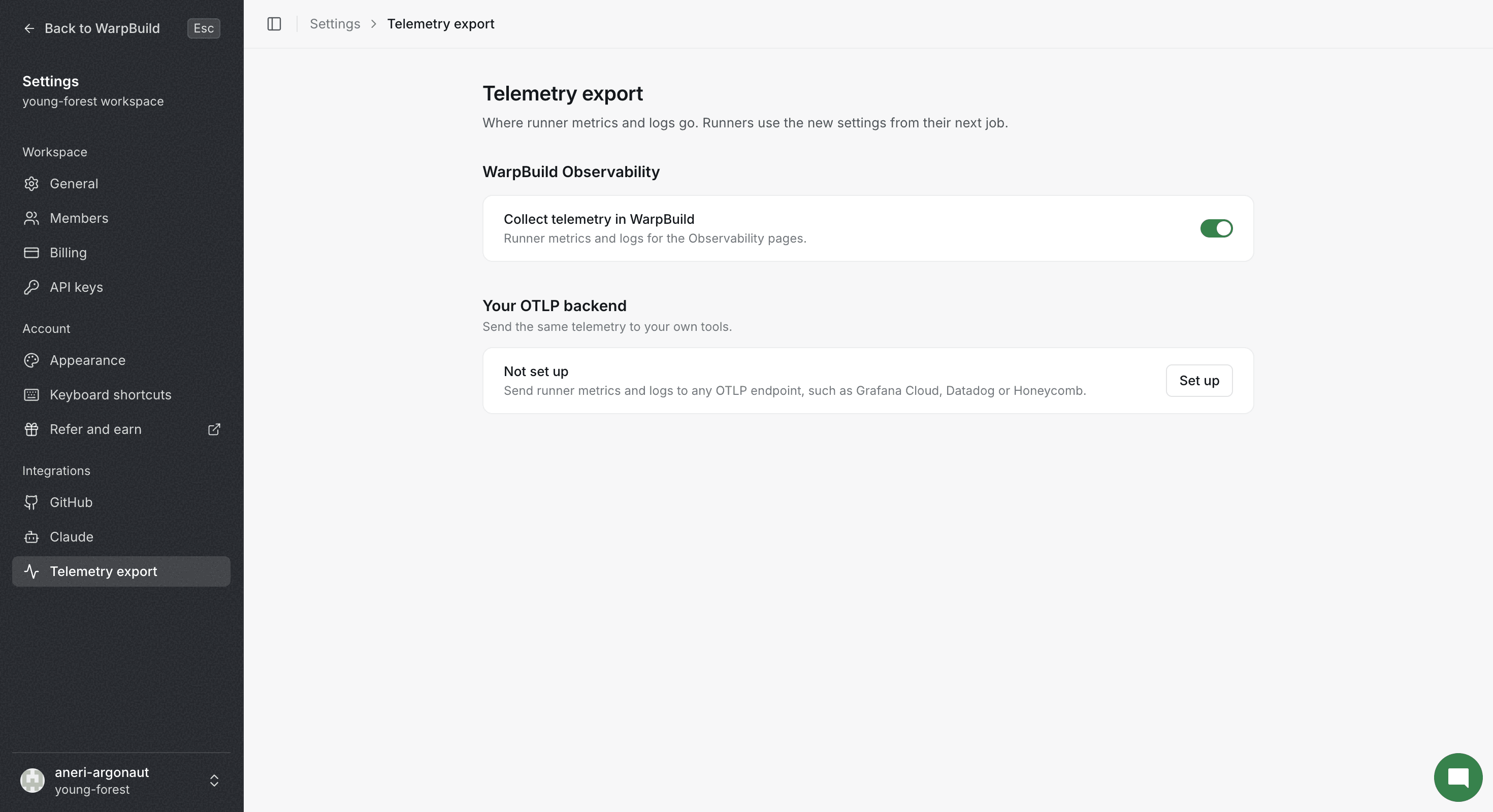 Telemetry export, with your own backend not set up yet