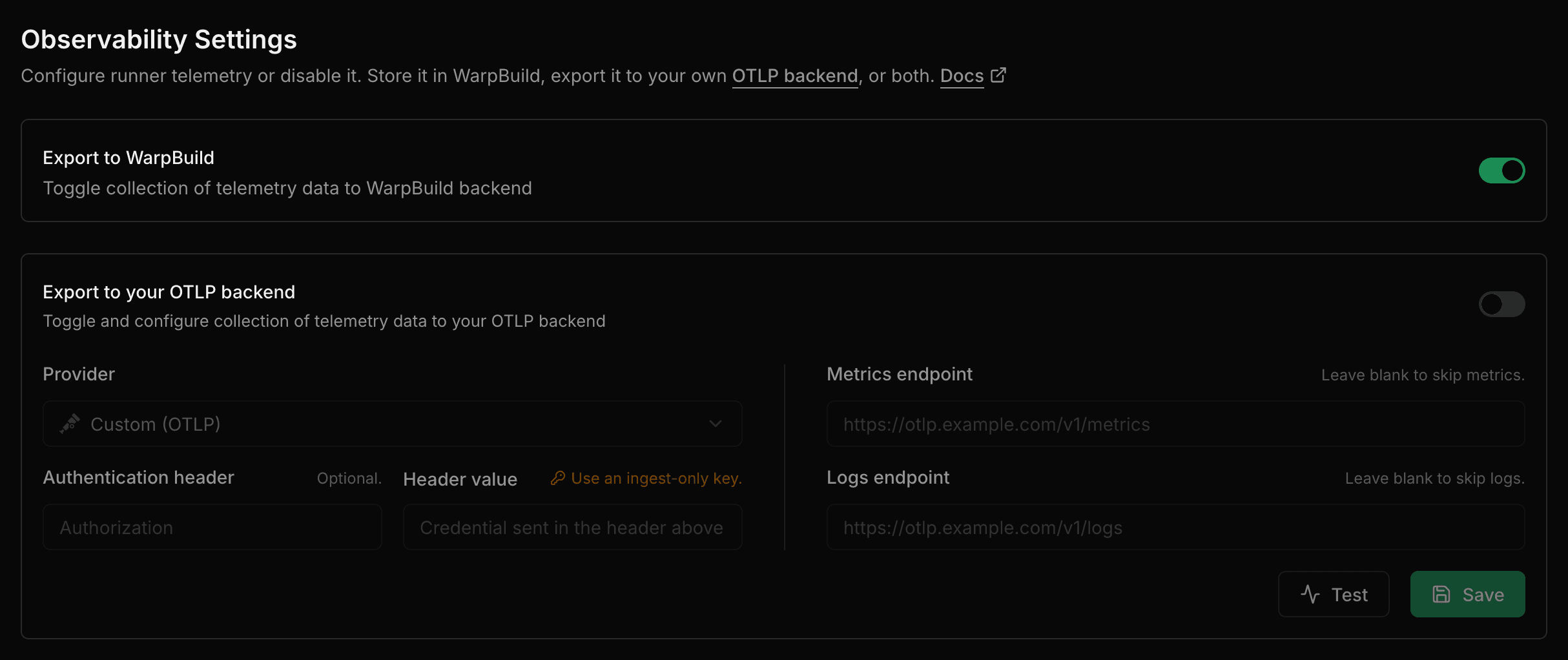 Observability settings, with export to your own backend turned off