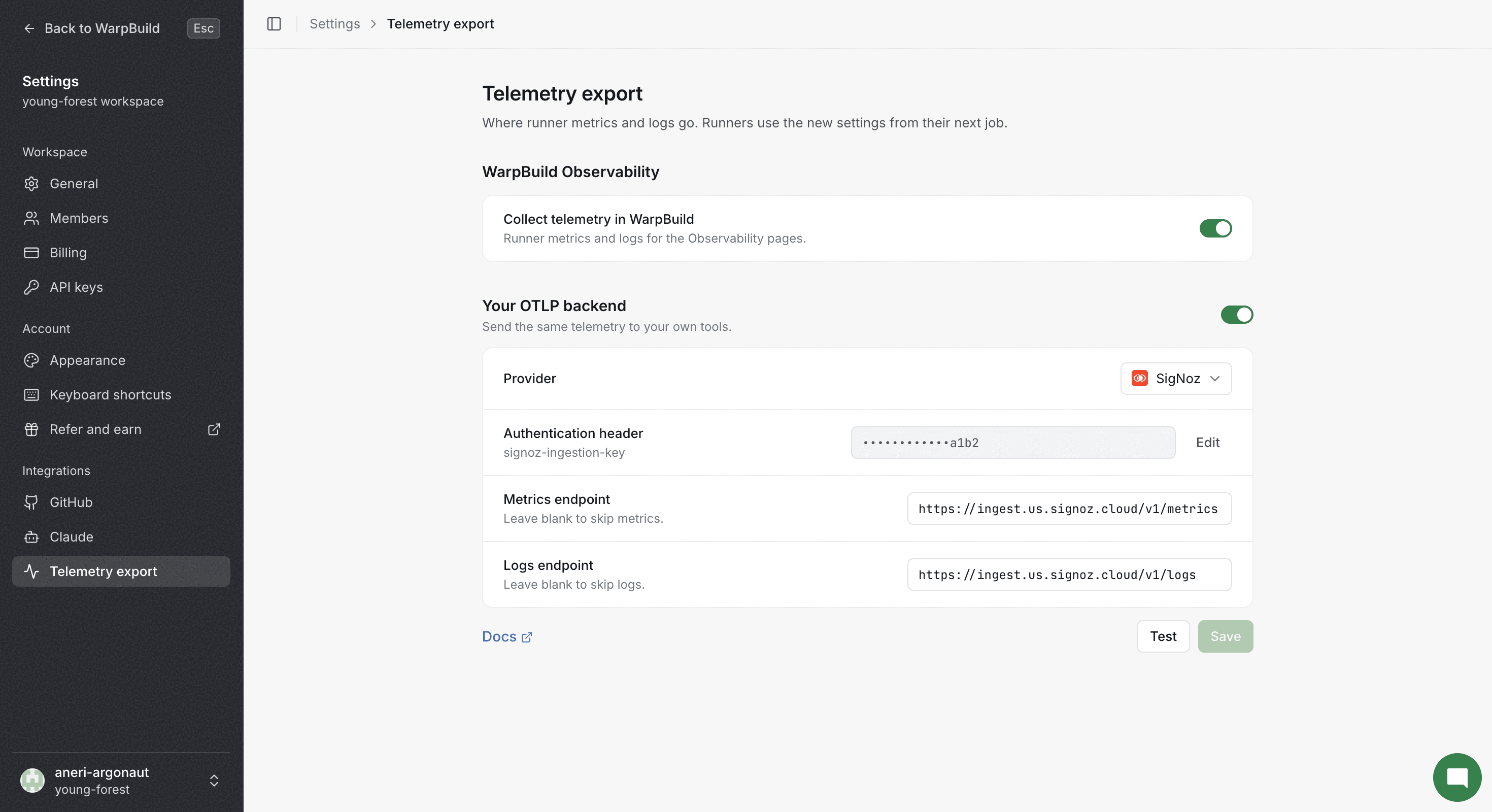 SigNoz configured and saved, ready to test