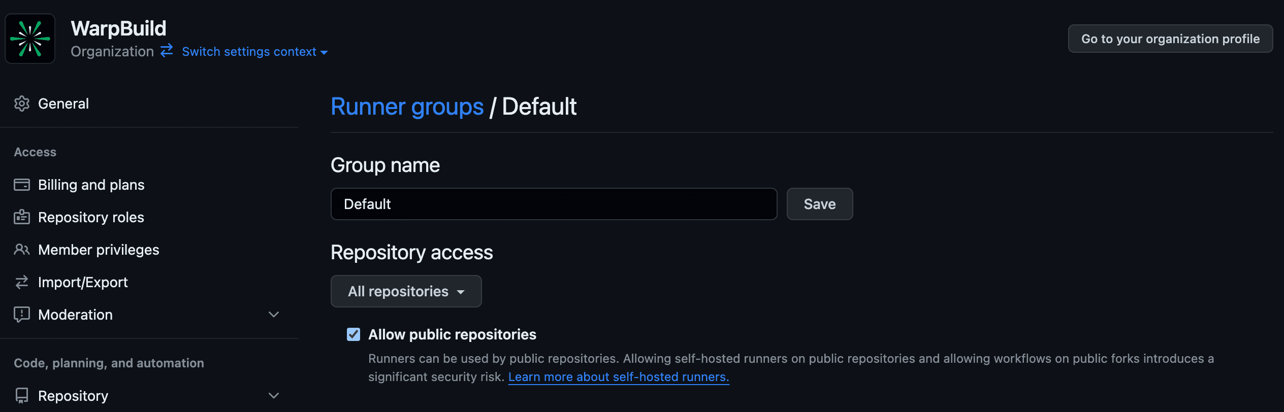 Enable WarpBuild on public repos