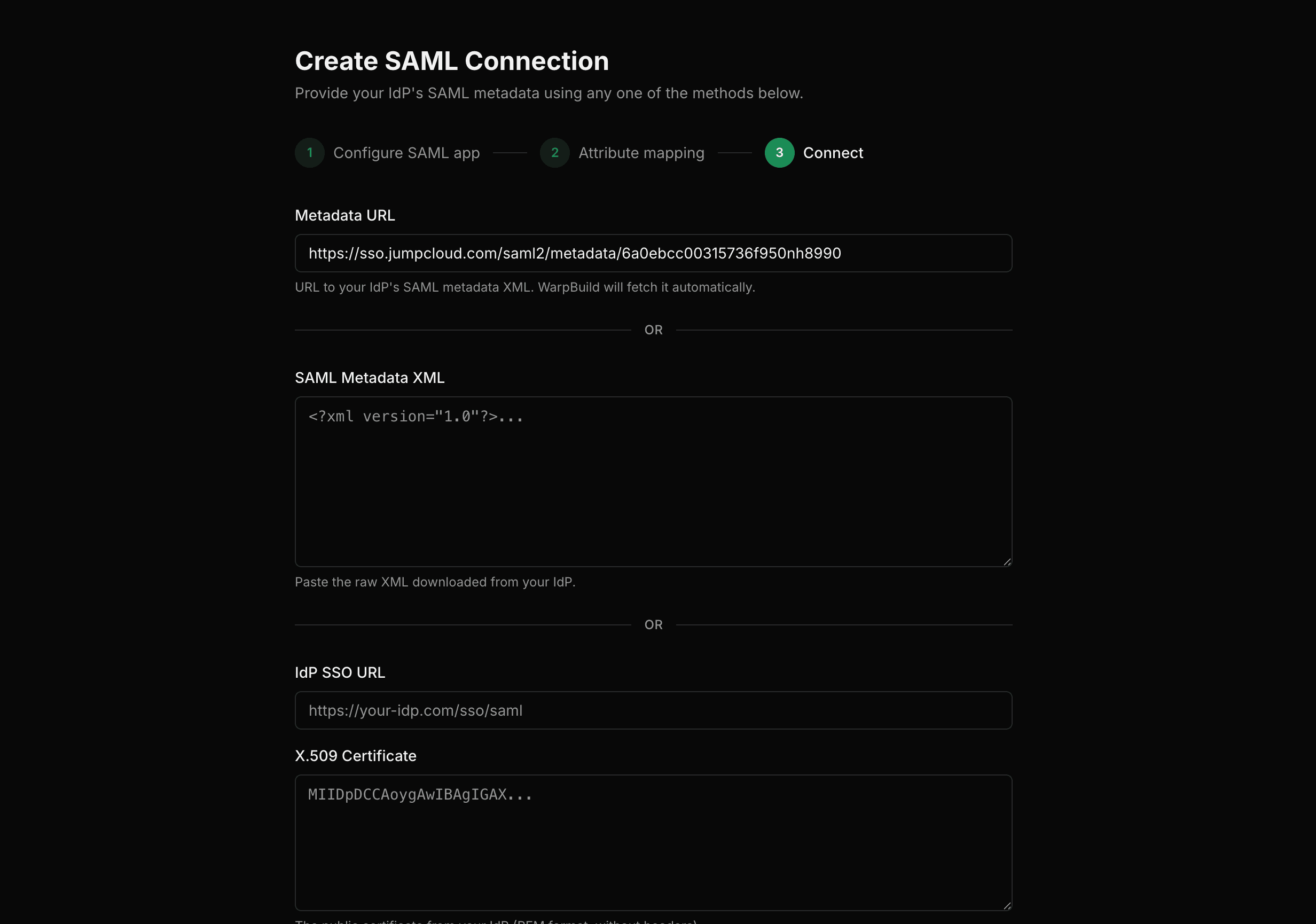 Create the SAML connection by providing your IdP metadata