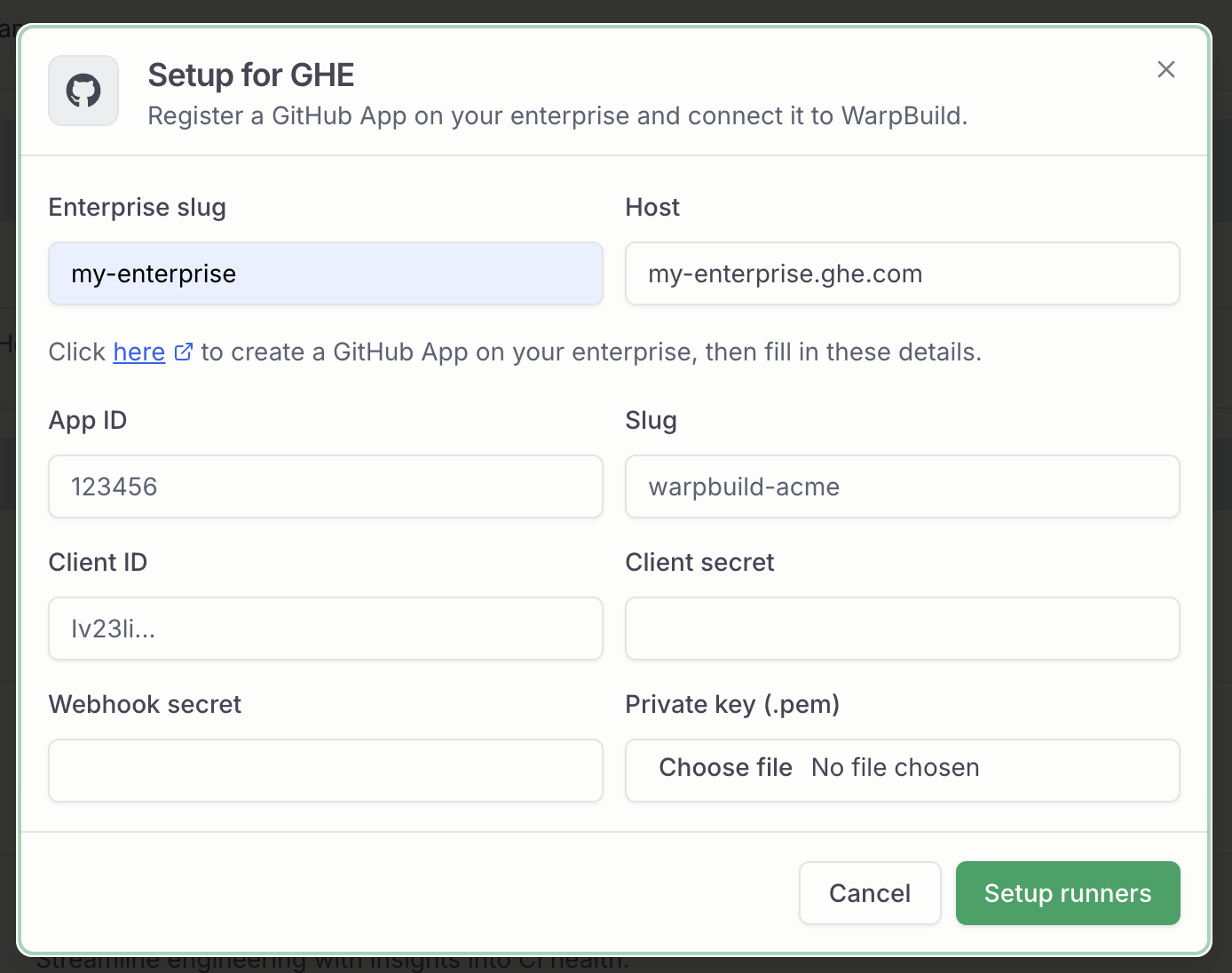 Setup for GHE dialog with credential fields expanded